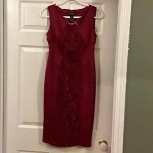 Gorgeous cranberry midi dress with lace inset.